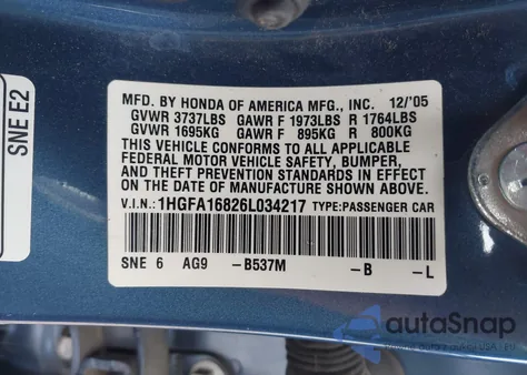 2006 Honda Civic Ex из США, поврежденный, VIN 1HGFA16826L034217